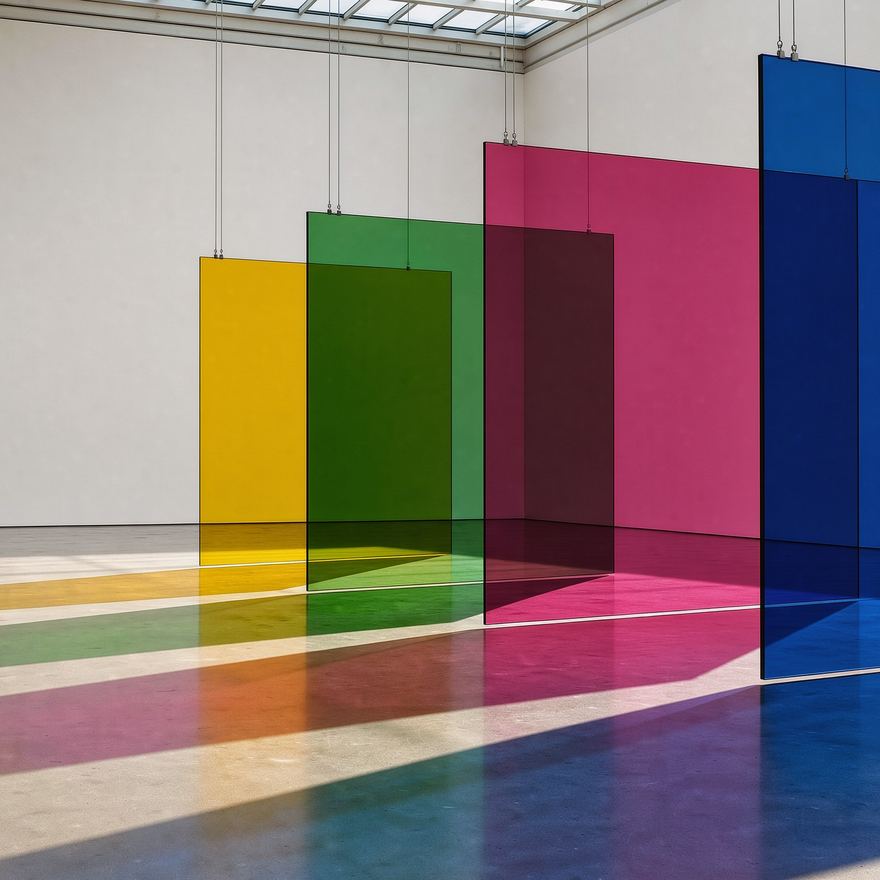 Sheets of yellow, green, magenta and cobalt glass hanging in a concrete hall, laying coloured light across the floor.