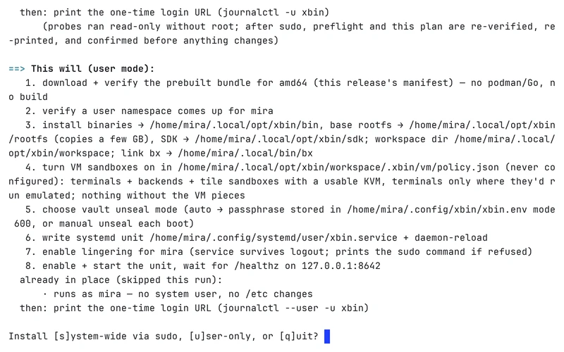 A terminal: the xbin installer has printed its plan and is asking before it changes anything.