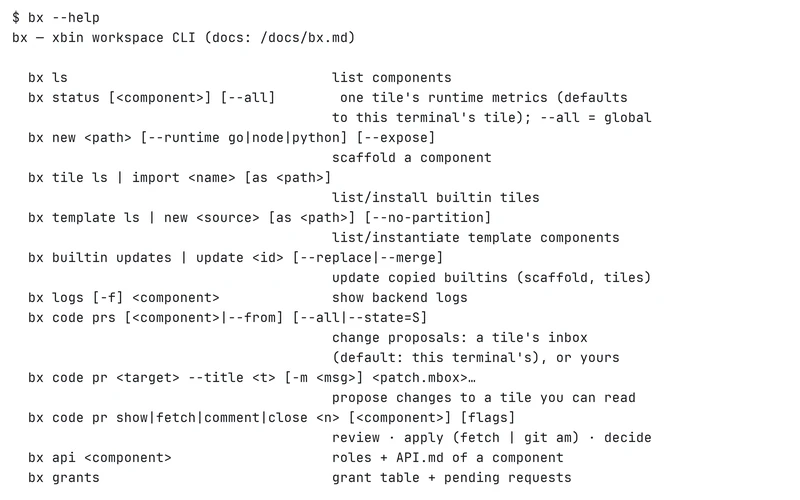 The bx command-line tool’s help output in a terminal.