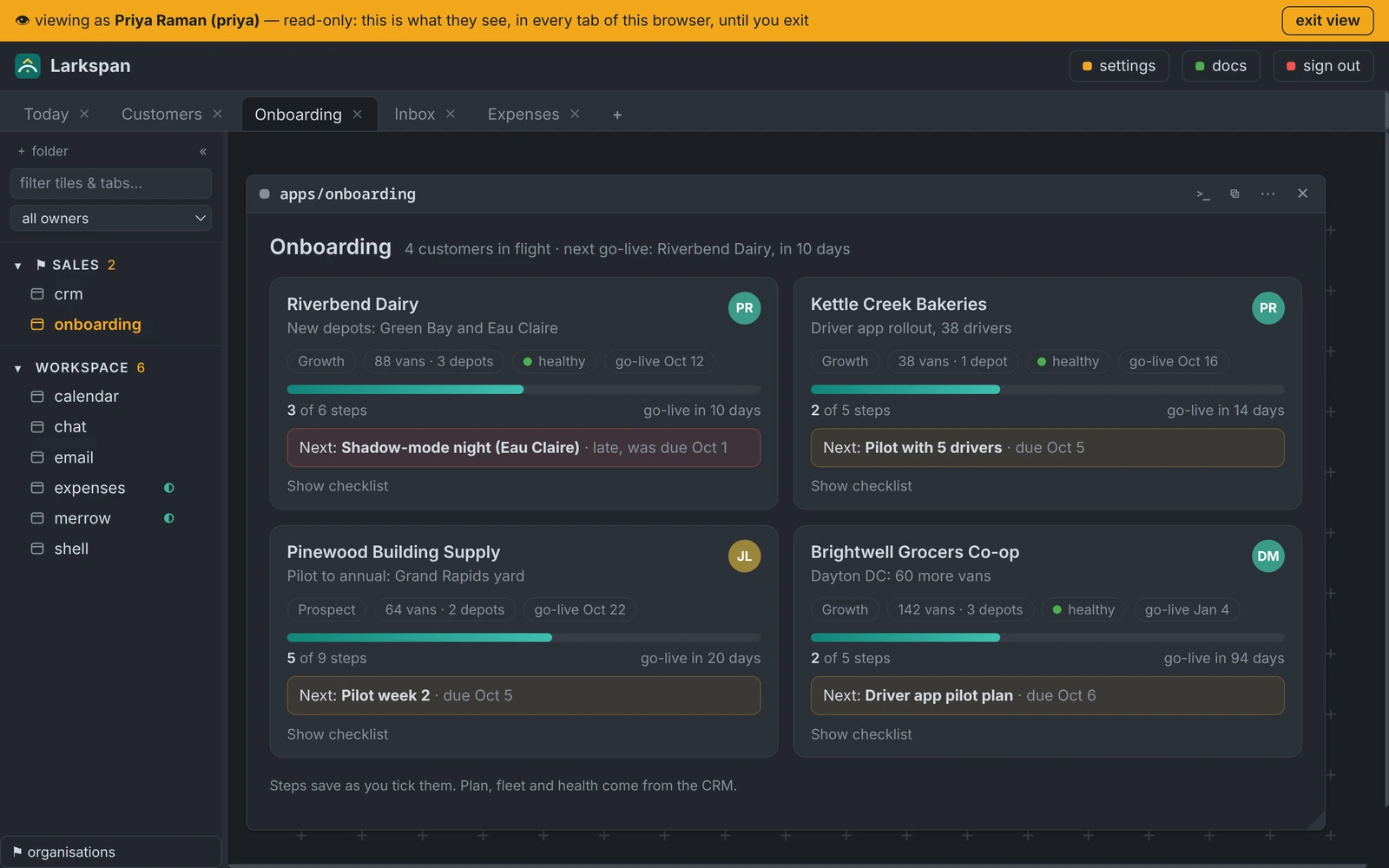 An admin viewing the workspace as one person, read-only, with the view-as-user banner across the top.