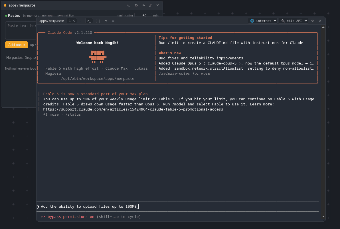 a browser terminal opened on apps/mempaste, running an agent; the prompt asks for file uploads up to 100MB
