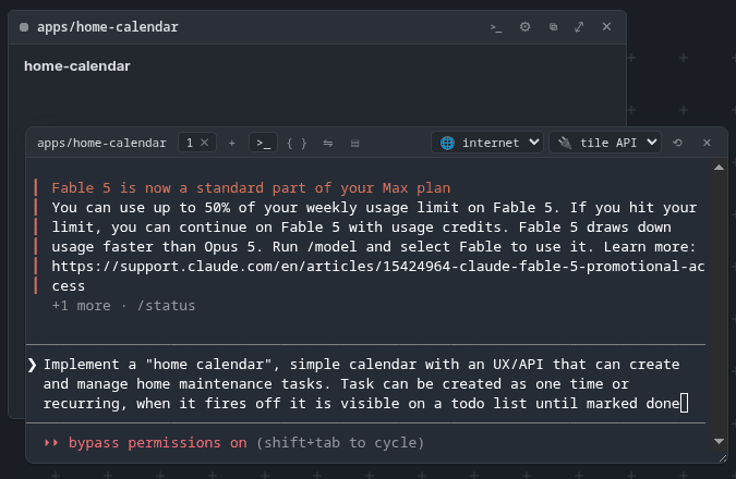 the new empty home-calendar tile with a terminal below it; the prompt describes the calendar to build