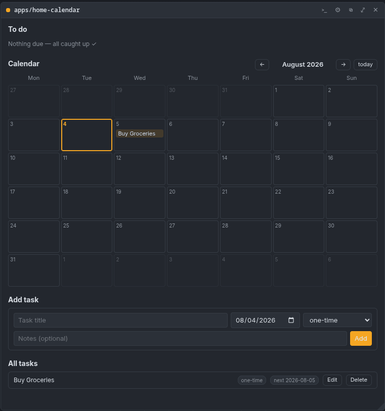 the home-calendar tile in use: a Buy Groceries task on the calendar and in the task list