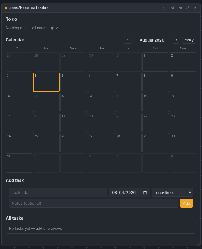 the finished home-calendar tile: a month grid, an add-task form with date and recurrence