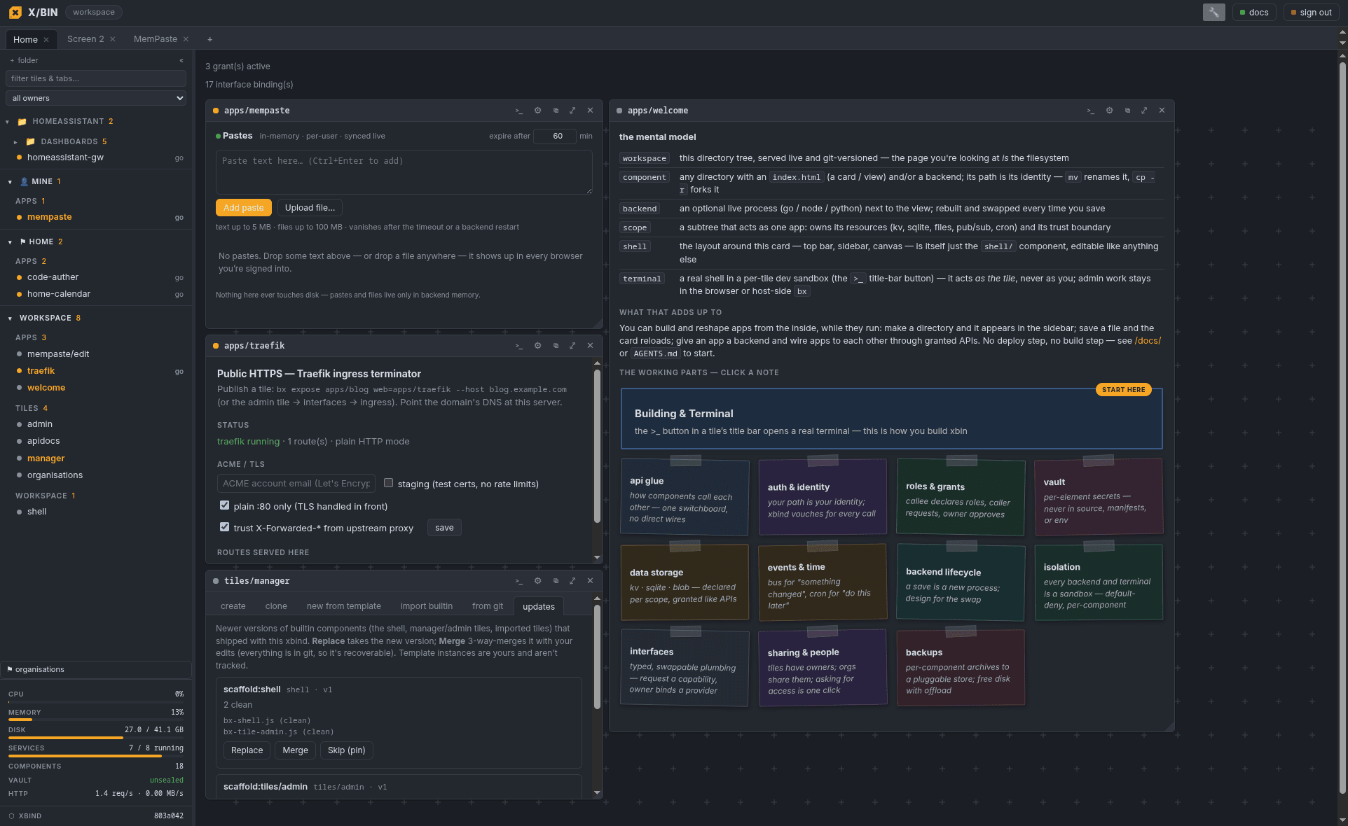 the xbin shell: a canvas of floating tiles — a paste bin, the Traefik ingress terminator, the manager's updates pane, and the welcome tile's notes — beside a sidebar of orgs and apps